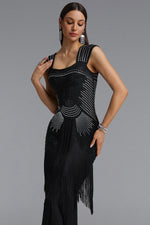 Load image into Gallery viewer, Hatice Square Neck Rhinestone Fringe Black Bandage Maxi Dress