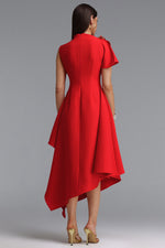 Load image into Gallery viewer, Weren Elegant Contour High Neck Asymmetric Red Maxi Dress