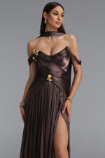 Load image into Gallery viewer, Sebastian Elegant Cinched Waist One Shoulder Sash Ruched Metallic Decor Woven Maxi Dress