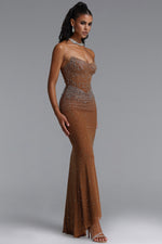 Load image into Gallery viewer, Scala Luxury Bandeau Ruched Rhinestone Maxi Dress