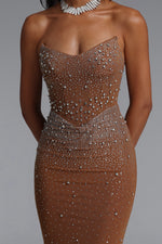 Load image into Gallery viewer, Scala Luxury Bandeau Ruched Rhinestone Maxi Dress