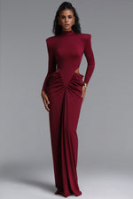 Load image into Gallery viewer, Elliott Luxury High Neck Padded Shoulder Cut Out Ruched Maxi Dress