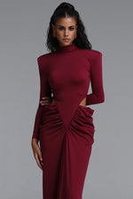 Load image into Gallery viewer, Elliott Luxury High Neck Padded Shoulder Cut Out Ruched Maxi Dress