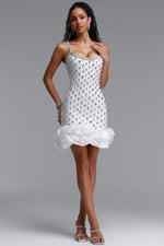 Load image into Gallery viewer, Francina Exquisite Contour Cami Strap Rhinestone Ruffle White Bandage Mini Dress