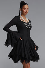Load image into Gallery viewer, Uhren Vintage Flowy Long Sleeve Ruffle Chiffon Mini Dress