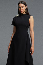 Load image into Gallery viewer, Weren Elegant Contour High Neck Asymmetric Black Maxi Dress