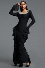 Load image into Gallery viewer, Mavis Elegant Luxurious Square Neck Long Sleeve Rhinestone Embellished Ruffle Bandage Maxi Dress