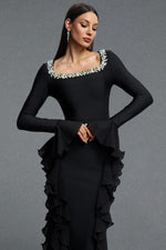 Load image into Gallery viewer, Mavis Elegant Luxurious Square Neck Long Sleeve Rhinestone Embellished Ruffle Bandage Maxi Dress