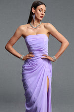 Load image into Gallery viewer, Tazeda Elegant Contour Strapless Ruched Mesh Purple Maxi Dress