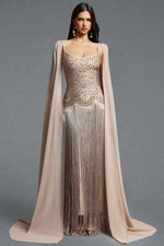 Load image into Gallery viewer, Ikara Elegant Spaghetti Strap Rhinestone Fringe Cape Bandage Maxi Dress