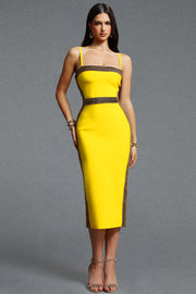 Lestie Minimalist Contour Straight Neck Gold Woven Bandage Yellow Midi Dress