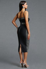 Load image into Gallery viewer, Lestie Minimalist Contour Straight Neck Silver Trim Woven Bandage Midi Dress