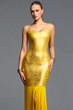Load image into Gallery viewer, Labola Chic Contour Fringe Gold Bandage Maxi Dress