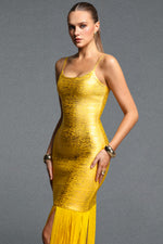 Load image into Gallery viewer, Labola Chic Contour Fringe Gold Bandage Maxi Dress