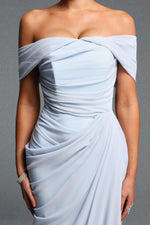 Load image into Gallery viewer, Tazeda Elegant Contour Off Shoulder Ruched Slit Mesh Maxi Dress