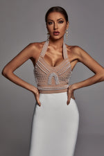 Load image into Gallery viewer, Cornelia Pearl Halter Bandage Dress - Beige - Bellabarnett