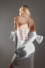 Load image into Gallery viewer, Pola Bow Velvet Diamante Chain Dress