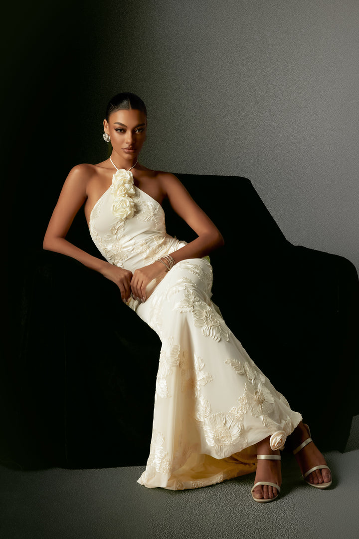 Griselda Flr Halter Embroidery Maxi Dress - White