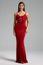 Load image into Gallery viewer, Elay Halter Bow Velvet Maxi Dress