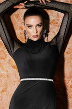 Load image into Gallery viewer, Gini High Neck Long Sleeves Diamond High Slit Maxi Dress