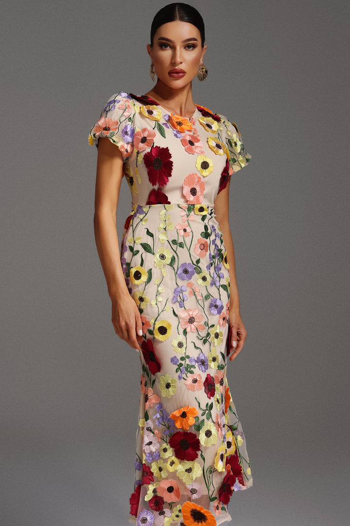Naya Short Sleeve Round Neck Flrs Fishtail Maxi Dress