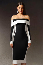 Load image into Gallery viewer, Mattey Off-The-Shoulder Long Sleeves Stripes Bandage Midi Dress