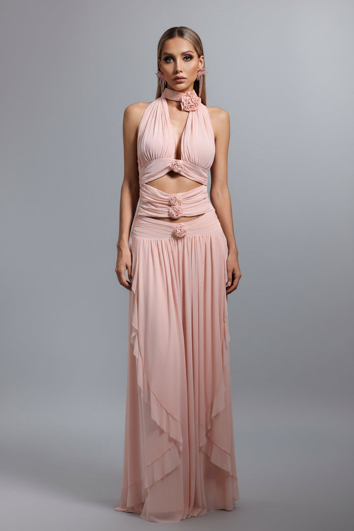 Sharian Sleevess Halter Hollowed out Flowers Maxi Dress