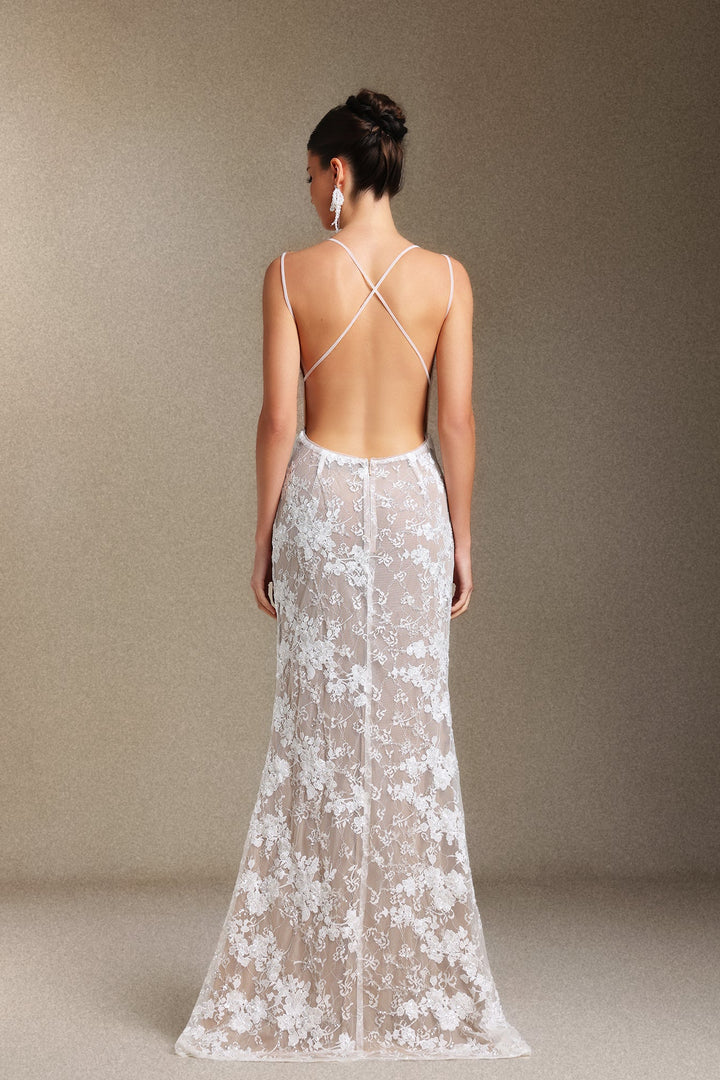 Thea Sling V-neck Sequins Lace maxi wedding dress