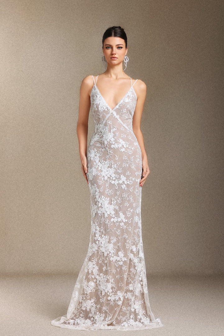 Thea Sling V-neck Sequins Lace maxi wedding dress
