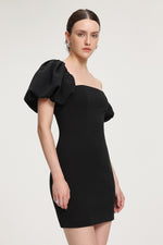 Load image into Gallery viewer, Asymmetric Puff - Sleeve Crepe Mini Dress