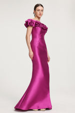 Load image into Gallery viewer, Rose-Embellished Satin Off-Shoulder Maxi Dress