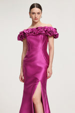 Load image into Gallery viewer, Rose-Embellished Satin Off-Shoulder Maxi Dress