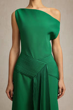 Load image into Gallery viewer, Paulina Oblique Shoulder Sleeveless Folds Green Midi Dress