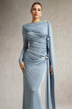 Load image into Gallery viewer, Tihila Long Sleeve Ruched Blue Maxi Dress