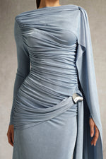 Load image into Gallery viewer, Tihila Long Sleeve Ruched Blue Maxi Dress