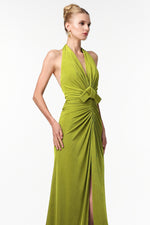 Load image into Gallery viewer, Jalila Sexy Contour V Neck Ruched Knot Slit Knit Maxi Dress
