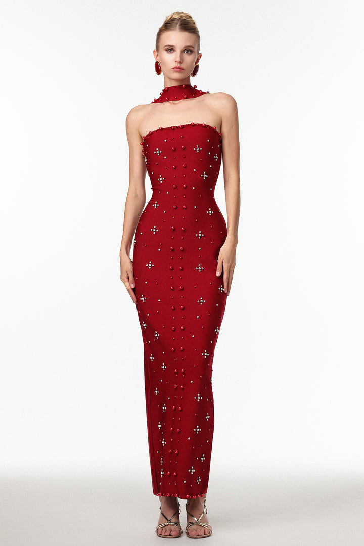 Nesya Sleeveless Pearl Wine Bandage Maxi Dress
