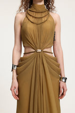 Load image into Gallery viewer, High-Neck Braided Cut-Out Draped Chiffon Maxi Dress