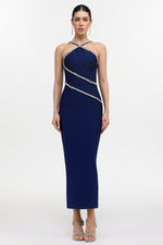 Load image into Gallery viewer, Kailani Classic Contour Halter Rhinestone Blue Bandage Maxi Dress