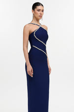 Load image into Gallery viewer, Kailani Classic Contour Halter Rhinestone Blue Bandage Maxi Dress