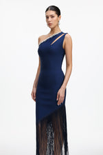 Load image into Gallery viewer, Fanya Elegant Contour One Shoulder Rhinestone Fringe Maxi Dress