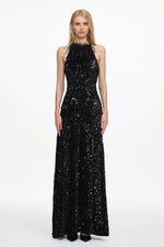 Load image into Gallery viewer, Glamorous Contour Sleeveless Feather Sequin High Slit Velvet Maxi Dress
