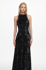 Load image into Gallery viewer, Glamorous Contour Sleeveless Feather Sequin High Slit Velvet Maxi Dress