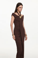 Load image into Gallery viewer, Devere Elegant Contour Sleeveless Ruched Knit Brown Maxi Dress