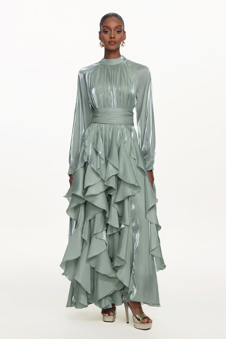 Grasa Elegant Flowy Long Sleeve Pleated Ruffle Maxi Dress
