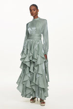 Load image into Gallery viewer, Grasa Elegant Flowy Long Sleeve Pleated Ruffle Maxi Dress