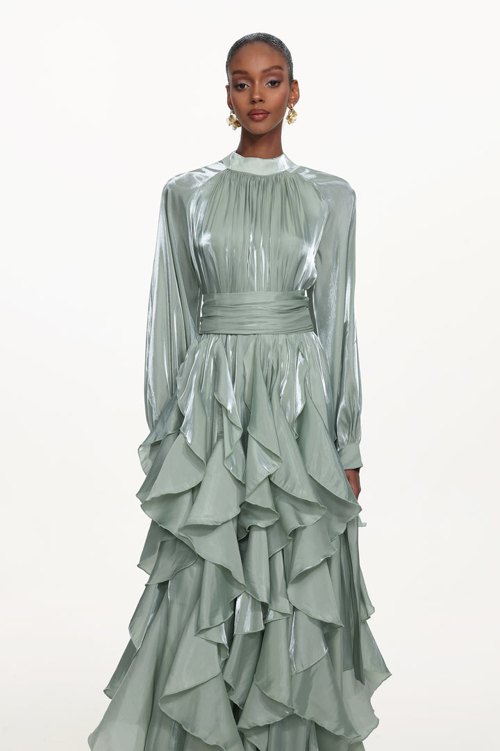 Grasa Elegant Flowy Long Sleeve Pleated Ruffle Maxi Dress