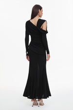 Load image into Gallery viewer, Luysa Elegant Contour One Shoulder Ruched Knit Black Maxi Dress