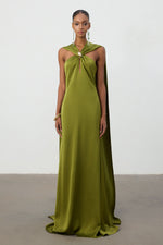 Load image into Gallery viewer, Olive Green Satin Cape Column Gown