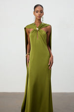 Load image into Gallery viewer, Olive Green Satin Cape Column Gown